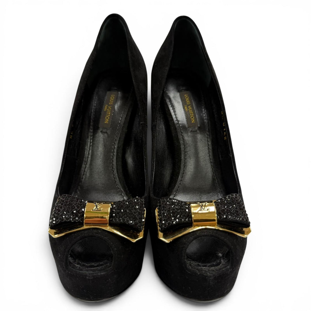 Great LOUIS VUITTON pumps LV Metal Ribbon Rhinestone Suede Leather black 35.5