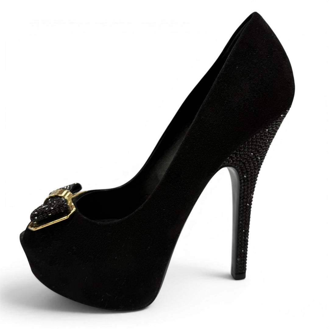 Great LOUIS VUITTON pumps LV Metal Ribbon Rhinestone Suede Leather black 35.5