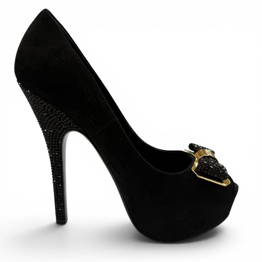Great LOUIS VUITTON pumps LV Metal Ribbon Rhinestone Suede Leather black 35.5
