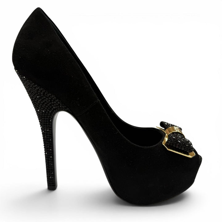 Great LOUIS VUITTON pumps LV Metal Ribbon Rhinestone Suede Leather black 35.5