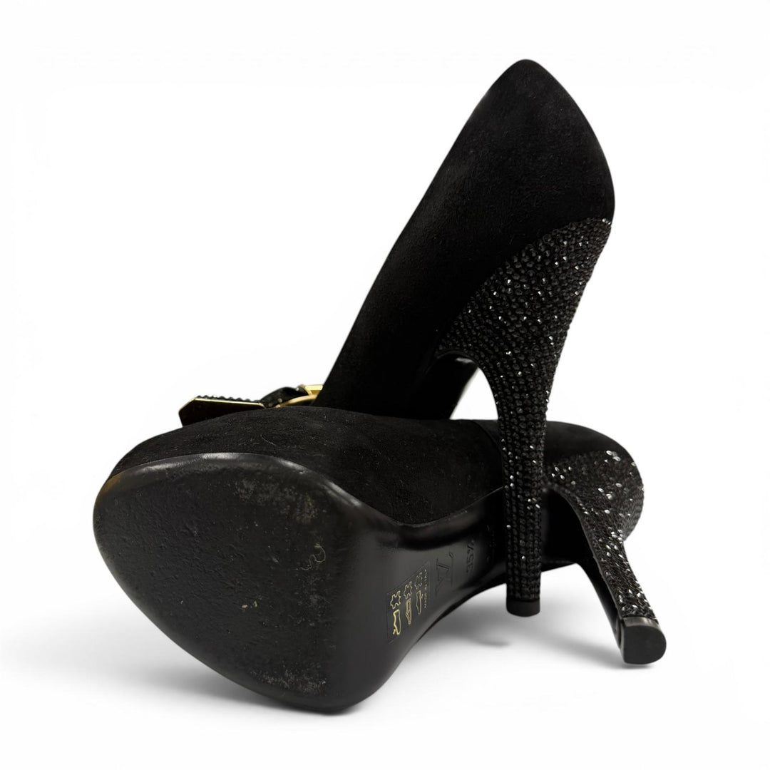 Great LOUIS VUITTON pumps LV Metal Ribbon Rhinestone Suede Leather black 35.5