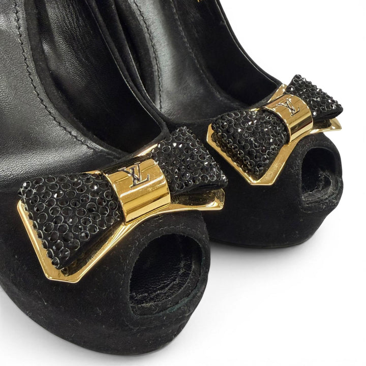 Great LOUIS VUITTON pumps LV Metal Ribbon Rhinestone Suede Leather black 35.5