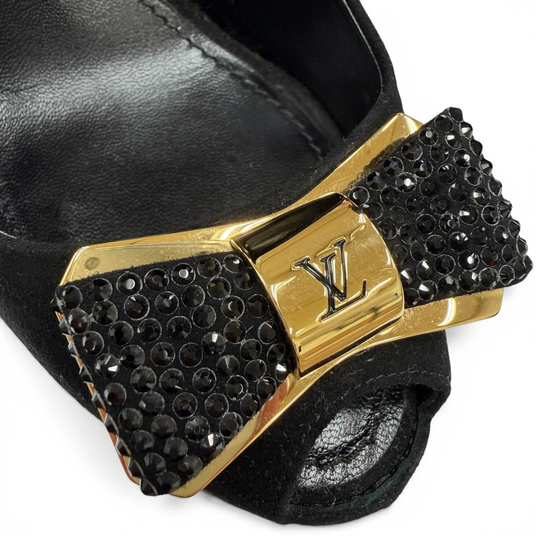 Great LOUIS VUITTON pumps LV Metal Ribbon Rhinestone Suede Leather black 35.5