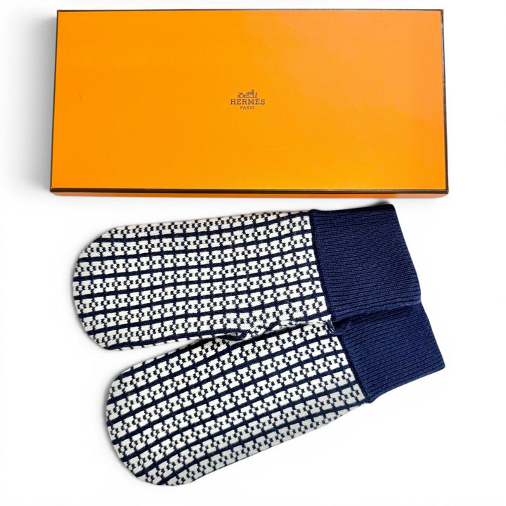 Excellent HERMES Hope Mitten H-pattern knit jacquard gloves Navy cashmere M