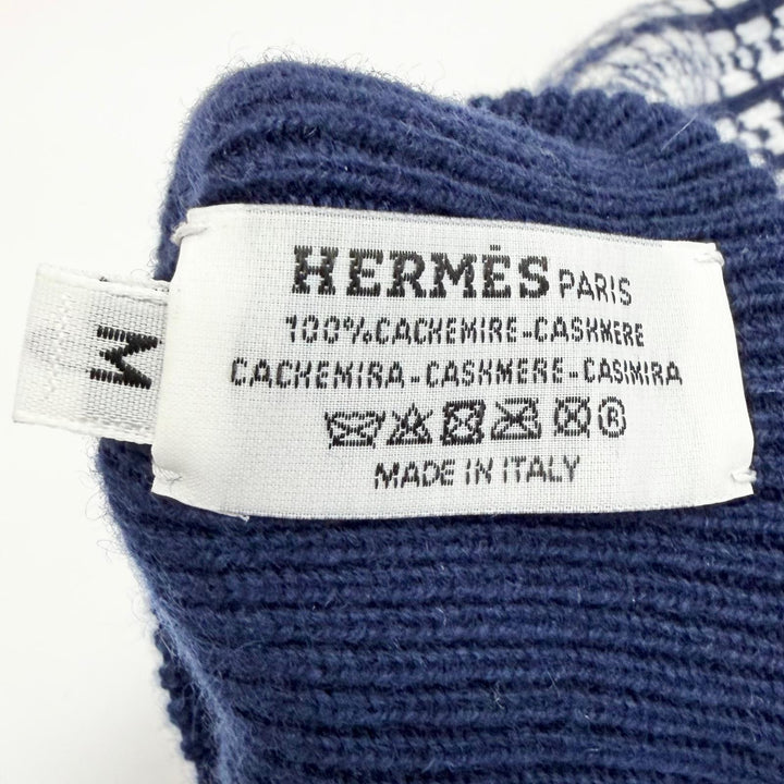 Excellent HERMES Hope Mitten H-pattern knit jacquard gloves Navy cashmere M