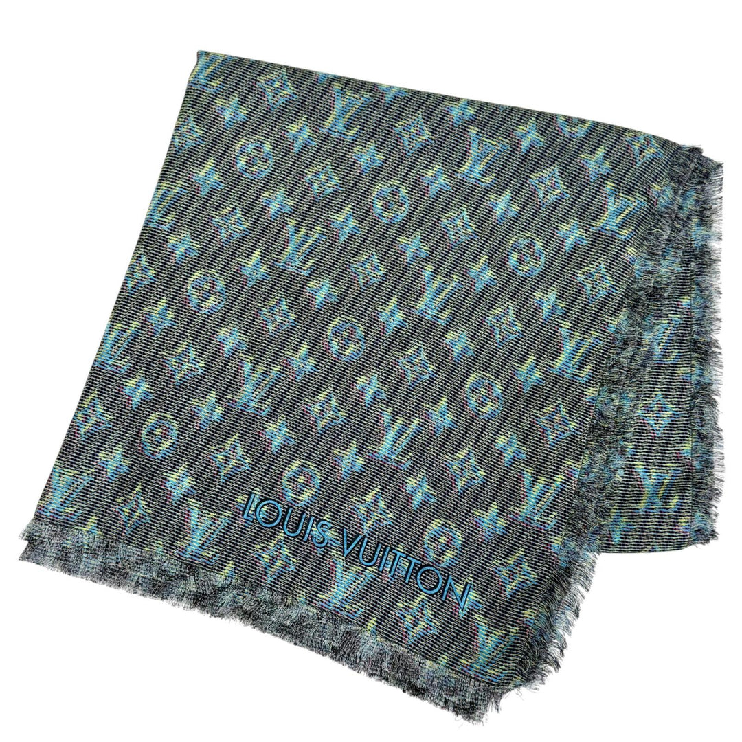 Excellent LOUIS VUITTON LV Pop Monogram Large Shawl Stole Blue silk MP2539