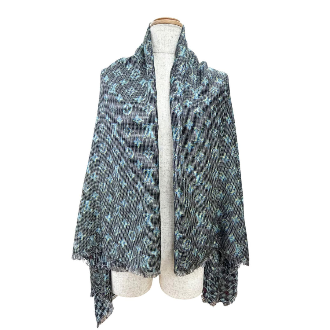 Excellent LOUIS VUITTON LV Pop Monogram Large Shawl Stole Blue silk MP2539