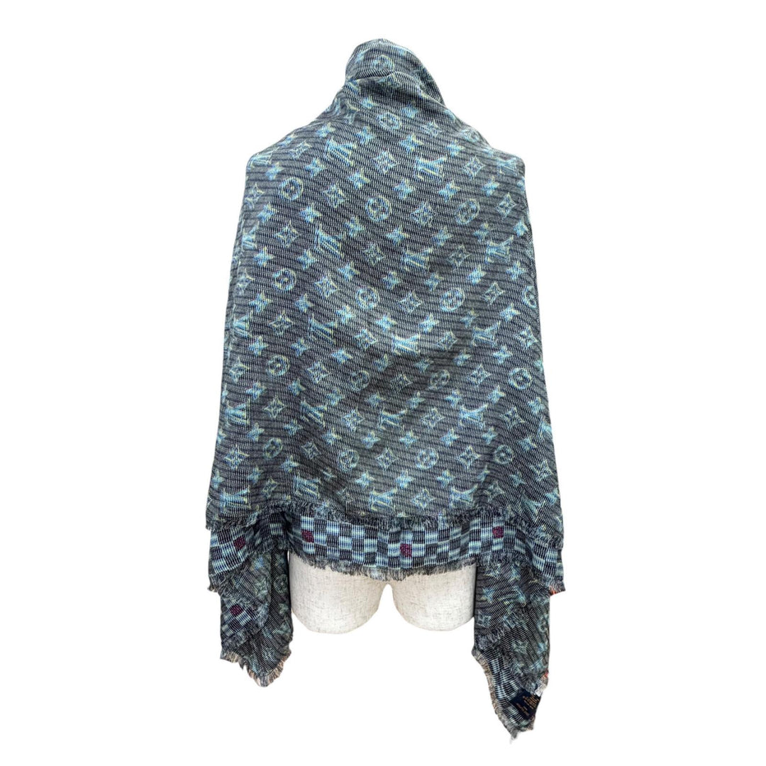 Excellent LOUIS VUITTON LV Pop Monogram Large Shawl Stole Blue silk MP2539