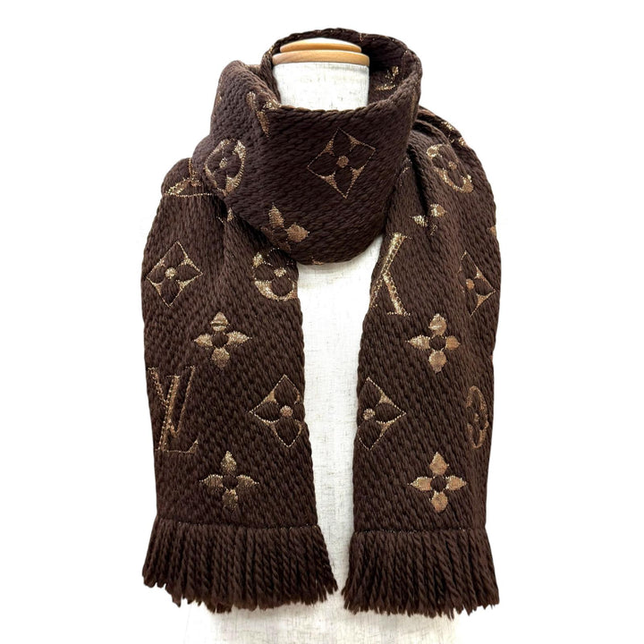 Great LOUIS VUITTON Scarf Escalp Logo Mania Shine Monogram fringe Brown M71383