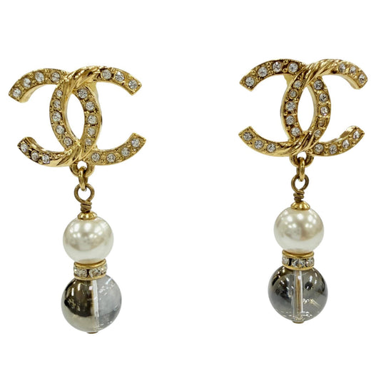Excellent CHANEL Pierce COCO Mark Rhinestone Pearlstone Swing gold Women A23C