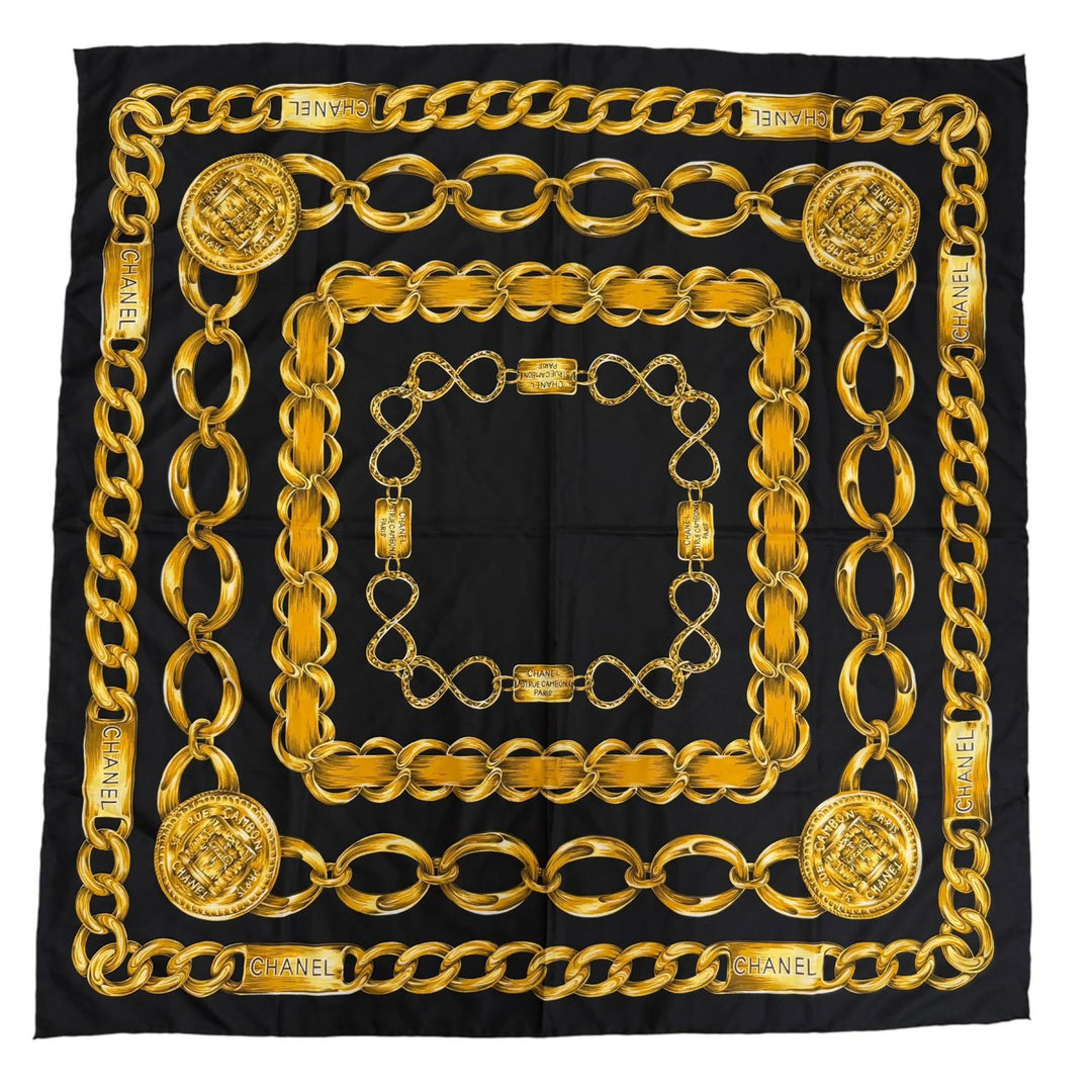 Excellent CHANEL scarf Logo design, Chain belt pattern, large size black silk