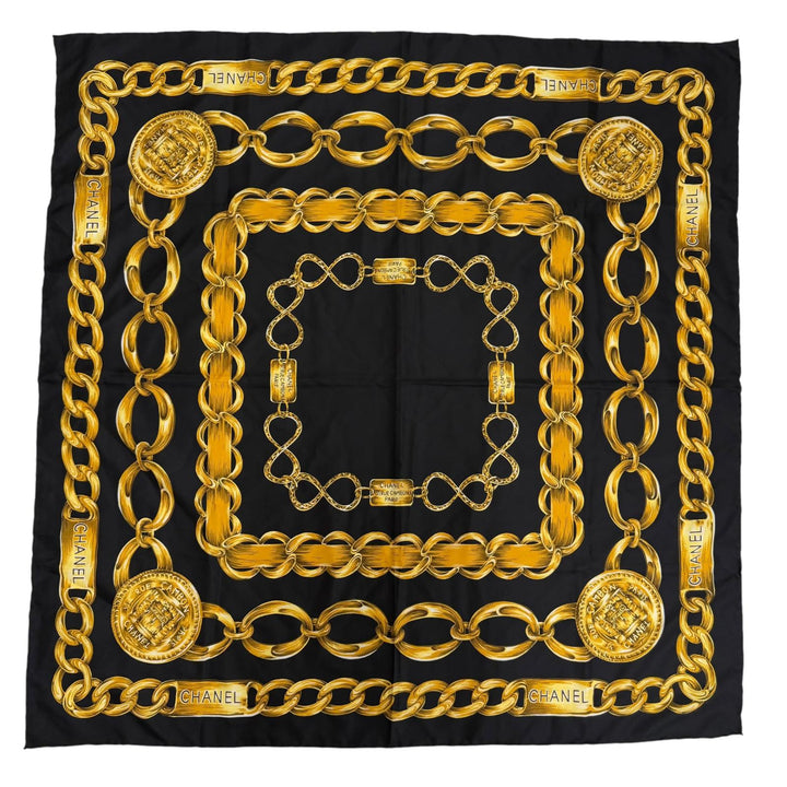 Excellent CHANEL scarf Logo design, Chain belt pattern, large size black silk