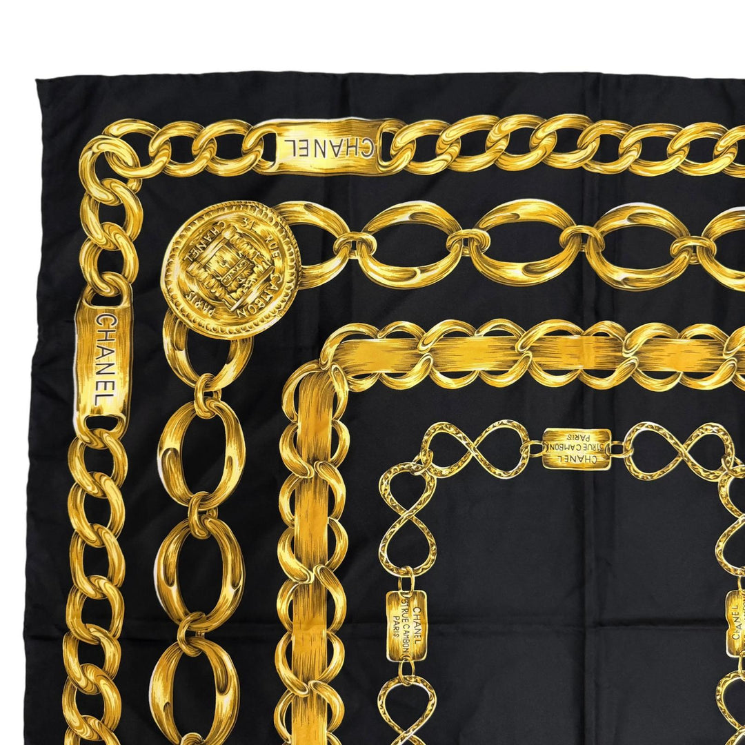 Excellent CHANEL scarf Logo design, Chain belt pattern, large size black silk