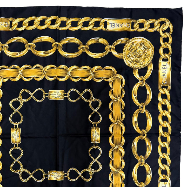 Excellent CHANEL scarf Logo design, Chain belt pattern, large size black silk