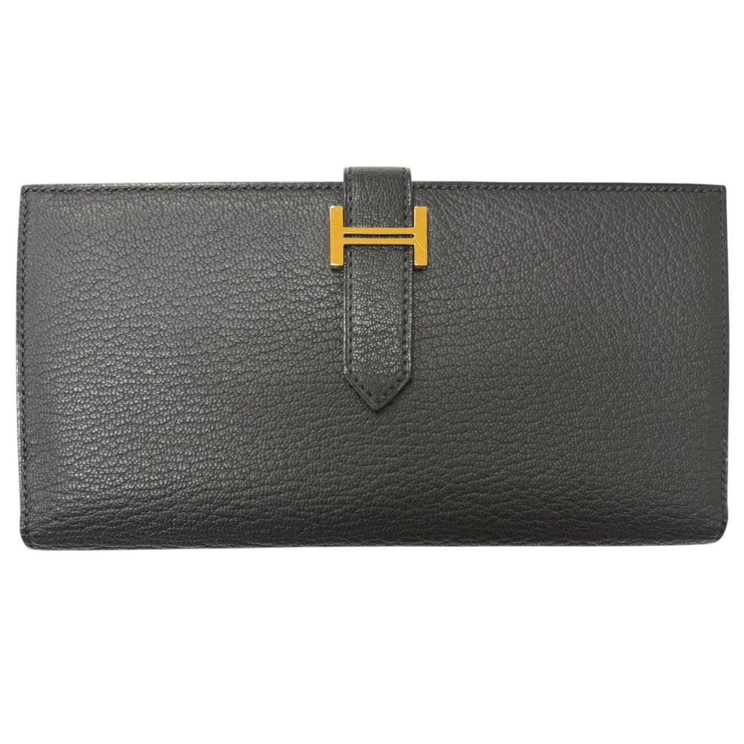 Excellent HERMES Purse Bane Souffle H logo Gold Metal black Shave mens