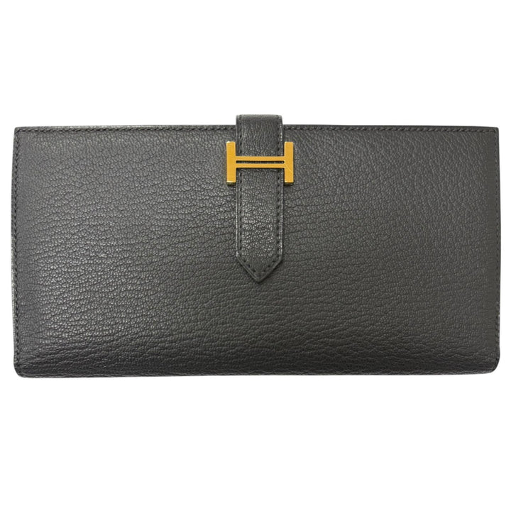Excellent HERMES Purse Bane Souffle H logo Gold Metal black Shave mens