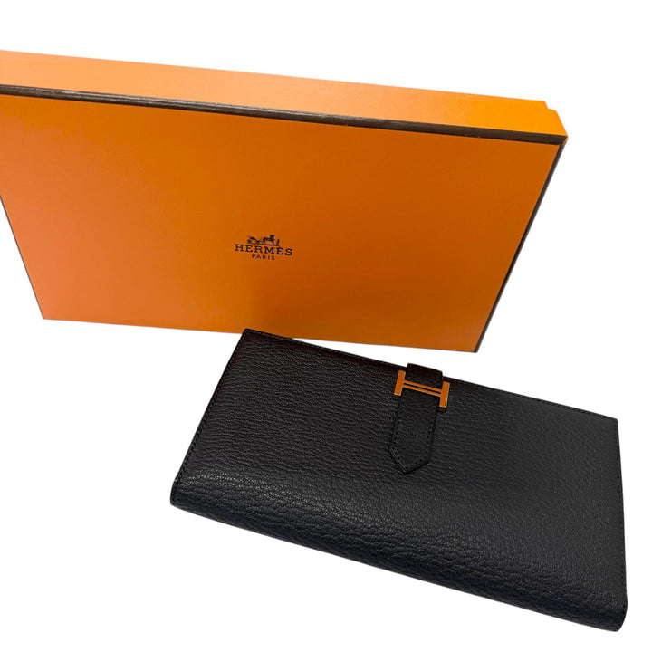 Excellent HERMES Purse Bane Souffle H logo Gold Metal black Shave mens