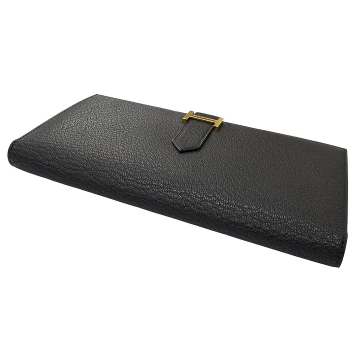 Excellent HERMES Purse Bane Souffle H logo Gold Metal black Shave mens