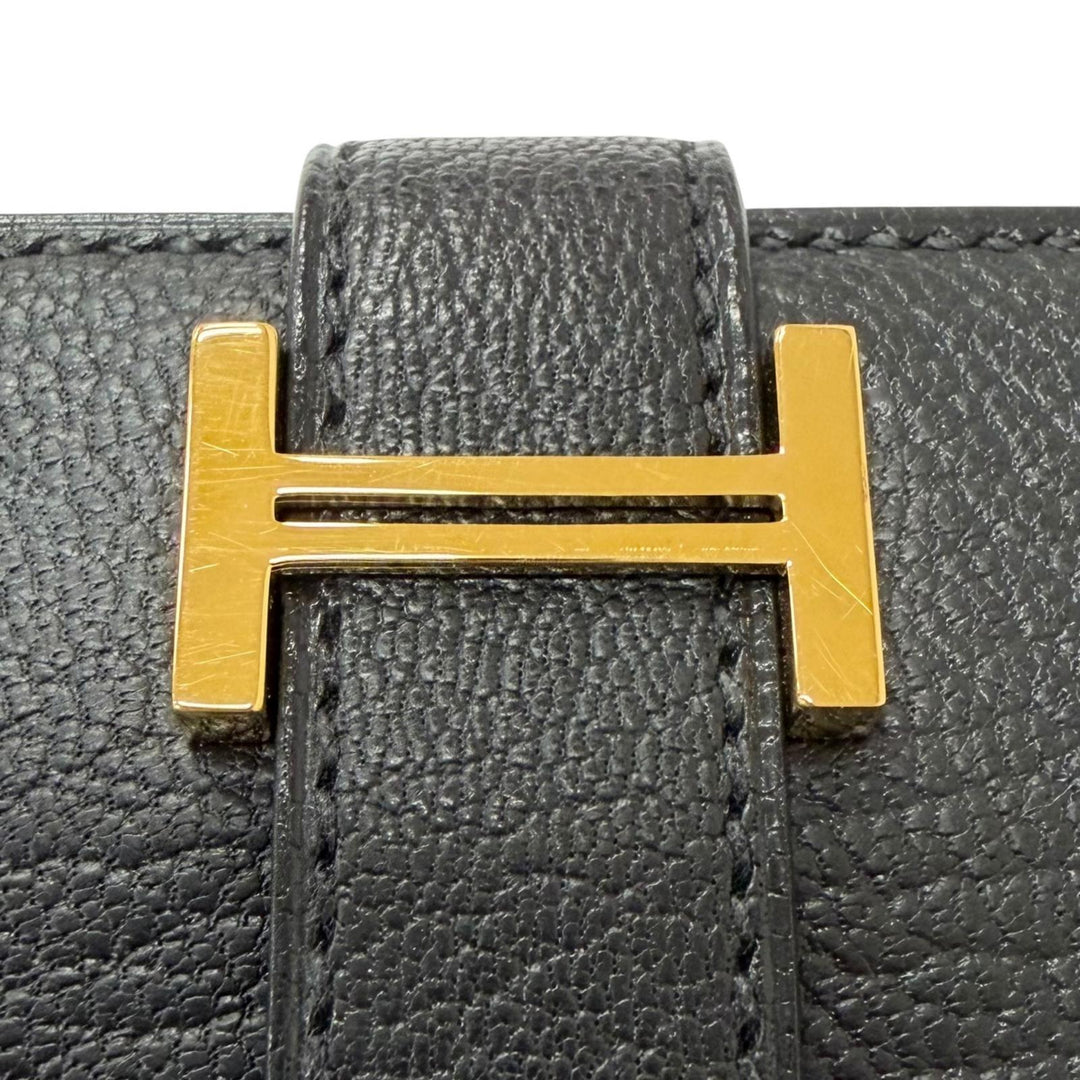 Excellent HERMES Purse Bane Souffle H logo Gold Metal black Shave mens