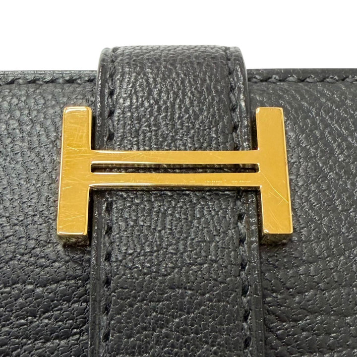 Excellent HERMES Purse Bane Souffle H logo Gold Metal black Shave mens