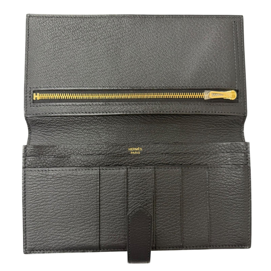 Excellent HERMES Purse Bane Souffle H logo Gold Metal black Shave mens