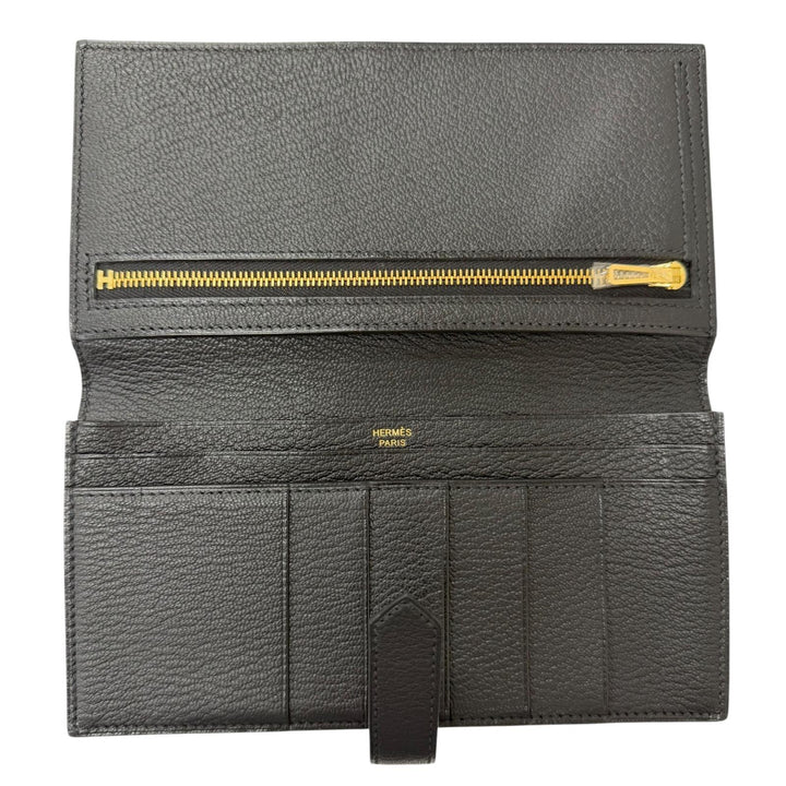Excellent HERMES Purse Bane Souffle H logo Gold Metal black Shave mens