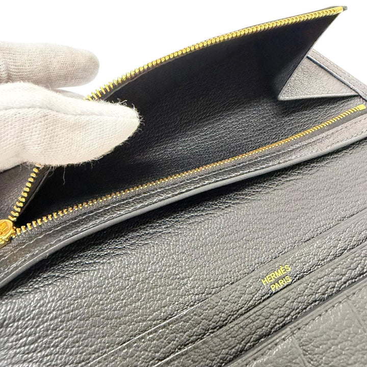 Excellent HERMES Purse Bane Souffle H logo Gold Metal black Shave mens