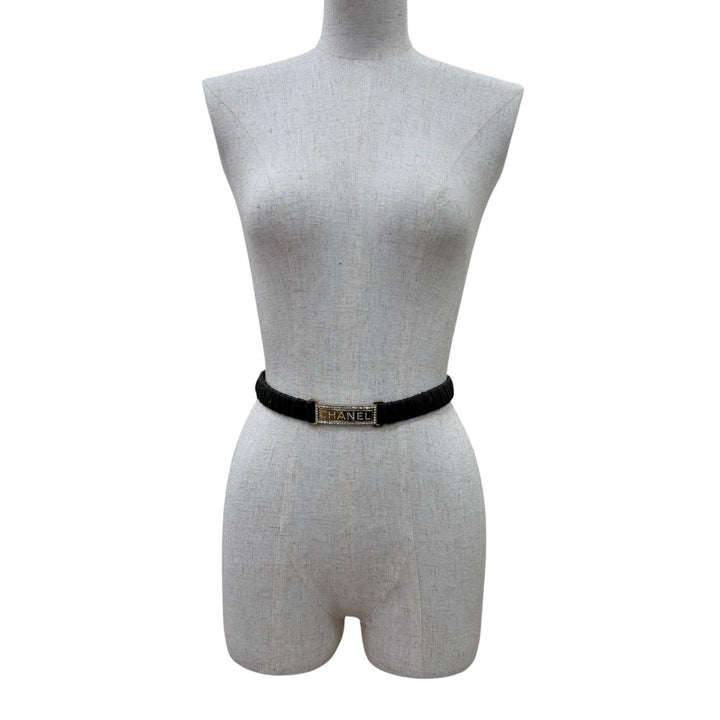 Very Good CHANEL belt Logo buckle, rhinestone leather black leather Women B23C