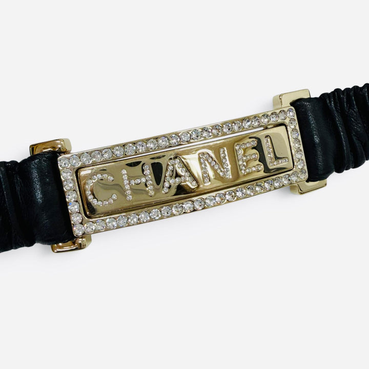 Very Good CHANEL belt Logo buckle, rhinestone leather black leather Women B23C