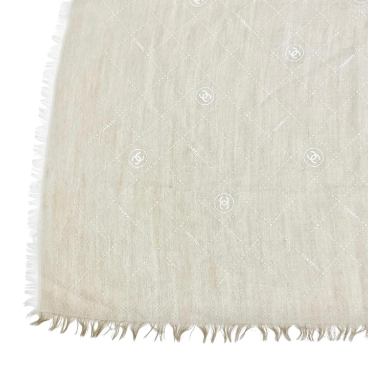 Great CHANEL Stall COCO Mark Logo Matelassé Pattern Mini Fringe Shawl Beige 19P