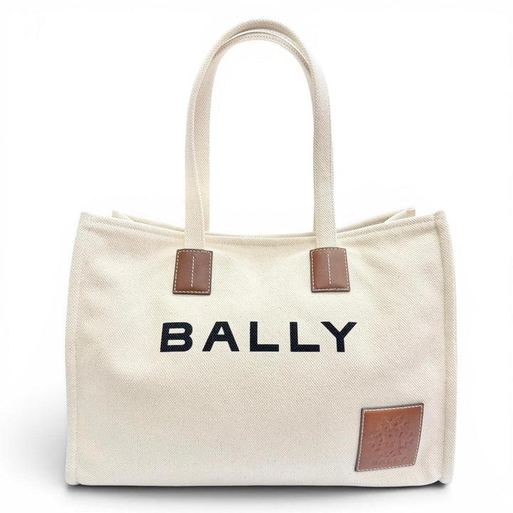 Excellent BALLY Tote Bag AKELEI Large logo leather patch canvas Ivory system