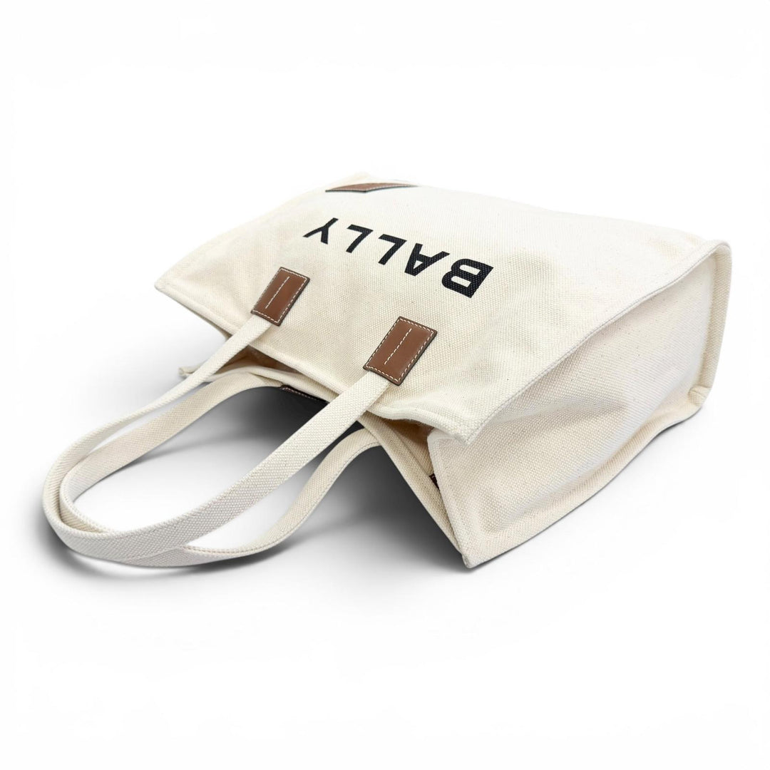 Excellent BALLY Tote Bag AKELEI Large logo leather patch canvas Ivory system