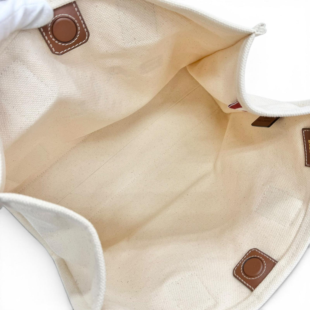 Excellent BALLY Tote Bag AKELEI Large logo leather patch canvas Ivory system