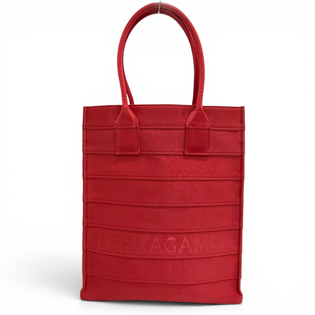 Excellent FERRAGAMO Tote Bag Front logo, leather accents, grosgrain Red 213986