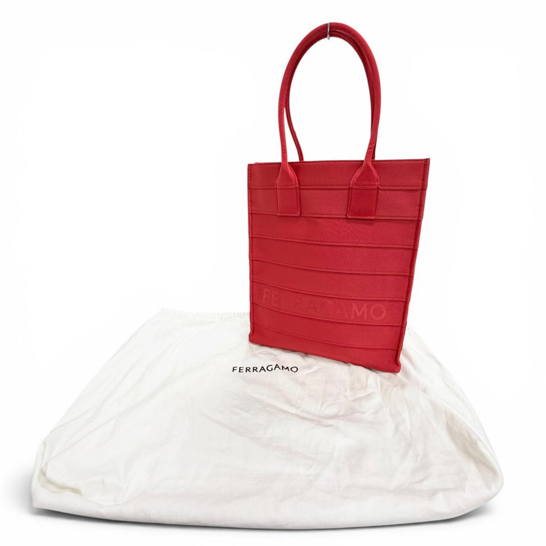 Excellent FERRAGAMO Tote Bag Front logo, leather accents, grosgrain Red 213986