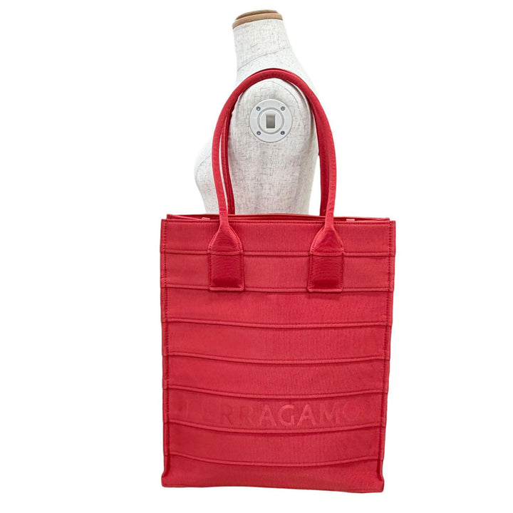 Excellent FERRAGAMO Tote Bag Front logo, leather accents, grosgrain Red 213986