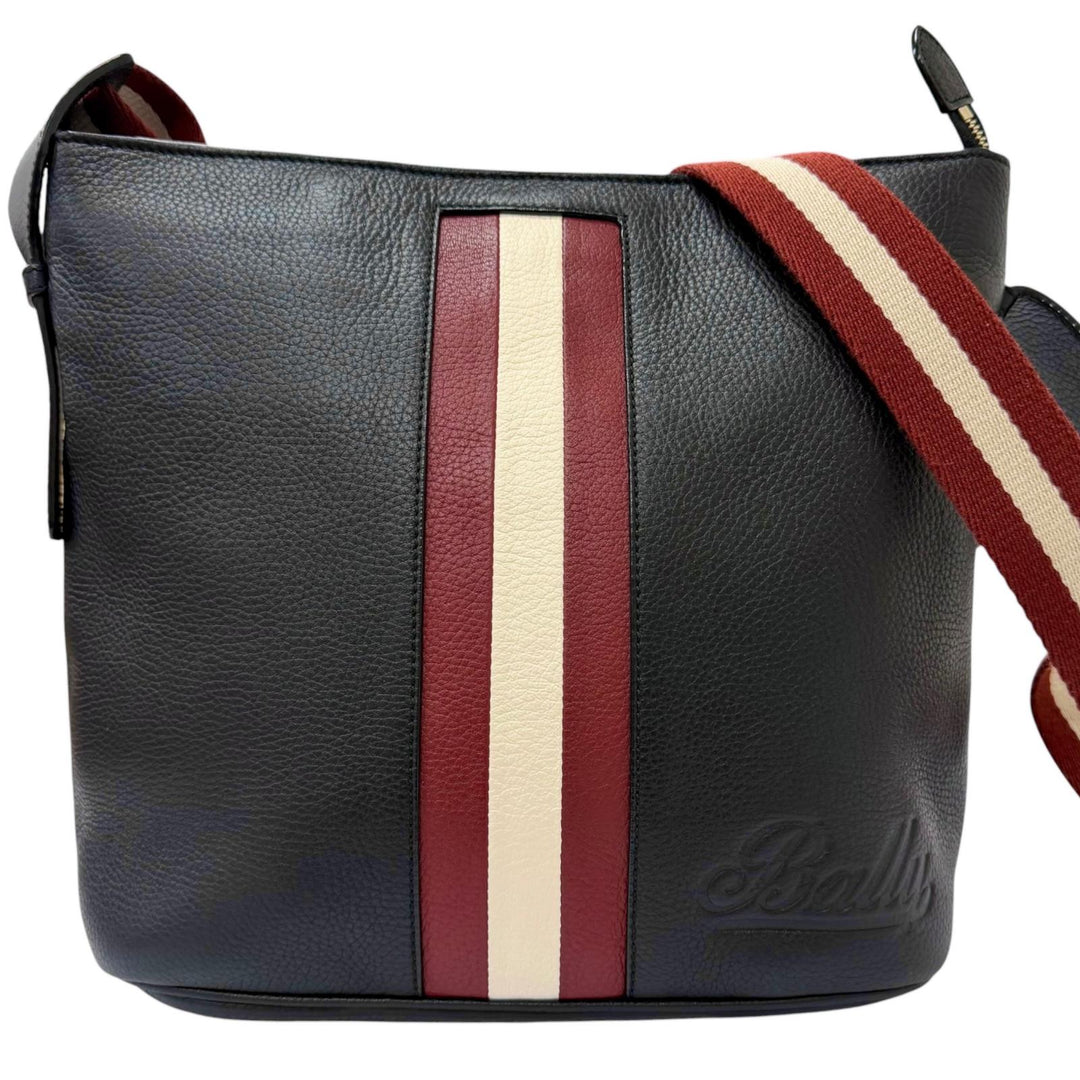 Excellent BALLY Shoulder Bag Bally Stripe Logo Embossed Dark navy leather mens