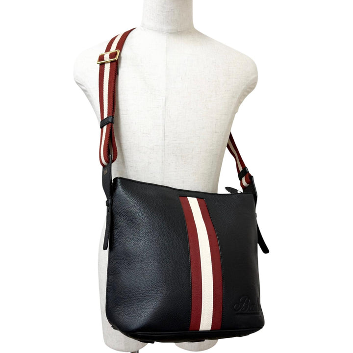 Excellent BALLY Shoulder Bag Bally Stripe Logo Embossed Dark navy leather mens