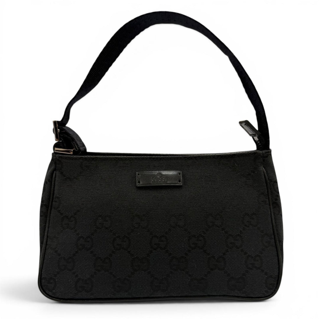 Great GUCCI Handbag Leather logo patch zip pouch black GG canvas Women 106644