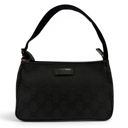 Great GUCCI Handbag Leather logo patch zip pouch black GG canvas Women 106644