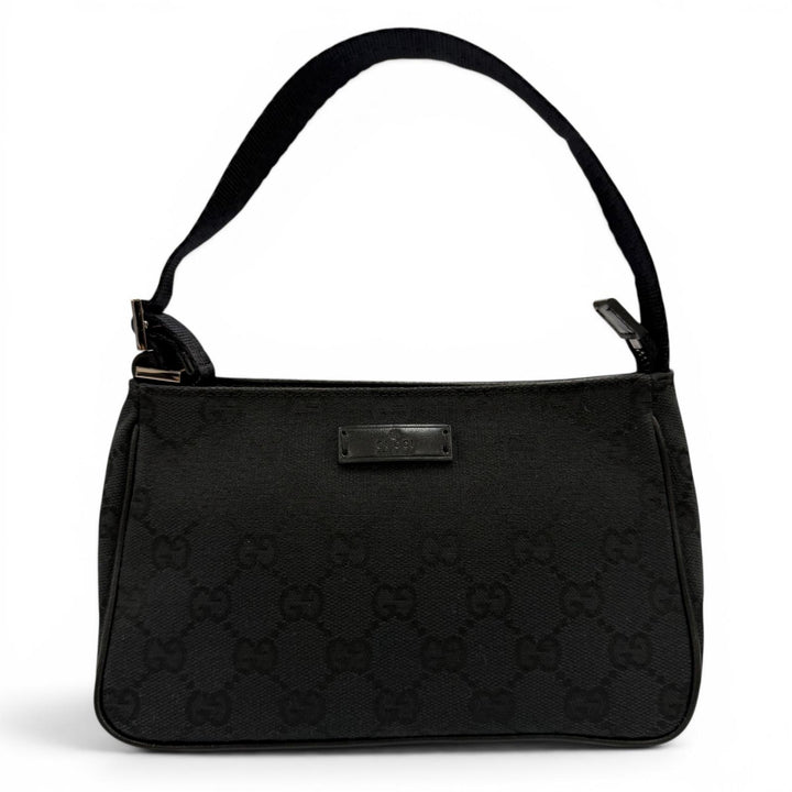 Great GUCCI Handbag Leather logo patch zip pouch black GG canvas Women 106644