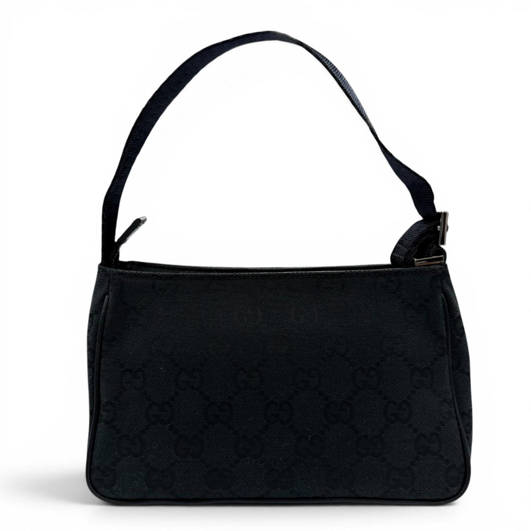 Great GUCCI Handbag Leather logo patch zip pouch black GG canvas Women 106644