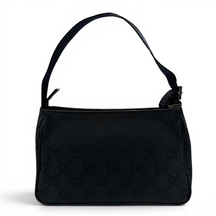 Great GUCCI Handbag Leather logo patch zip pouch black GG canvas Women 106644
