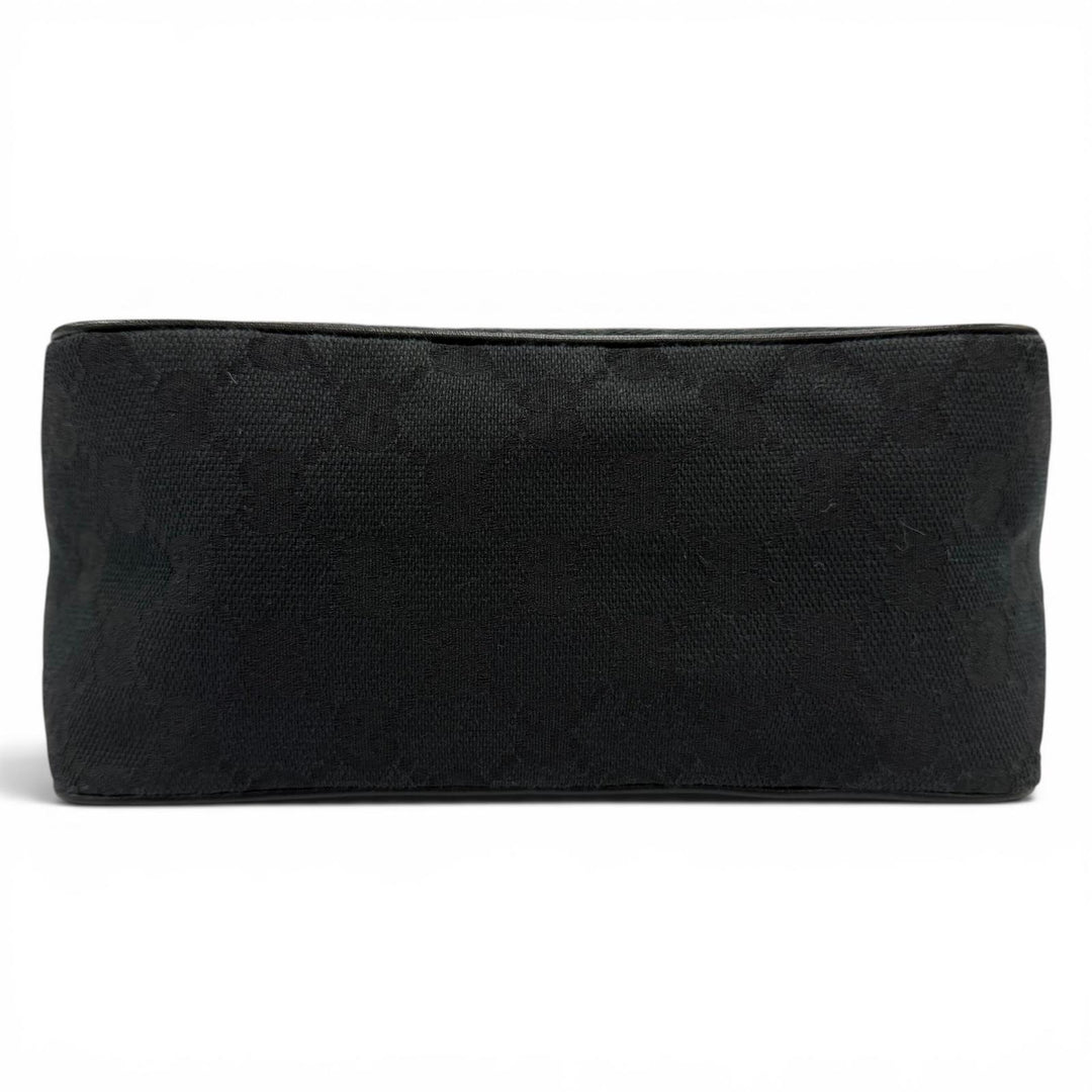 Great GUCCI Handbag Leather logo patch zip pouch black GG canvas Women 106644
