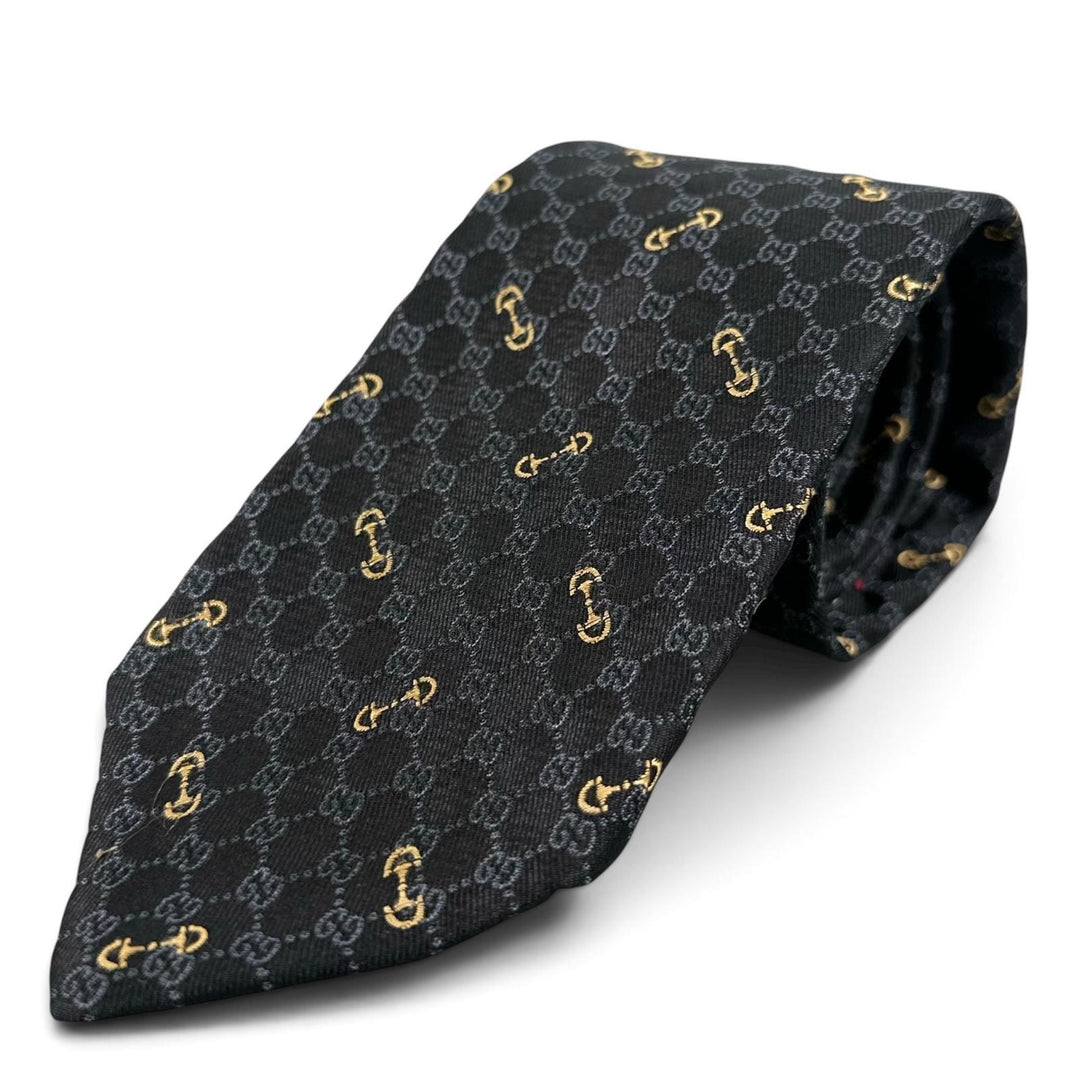 Excellent GUCCI tie Horsebit Interlocking G Jacquard black silk mens 744379
