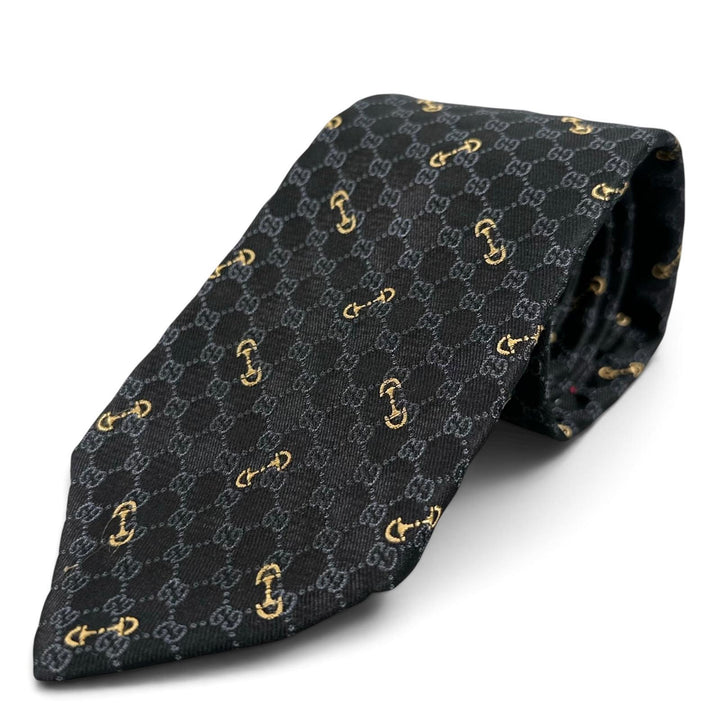 Excellent GUCCI tie Horsebit Interlocking G Jacquard black silk mens 744379
