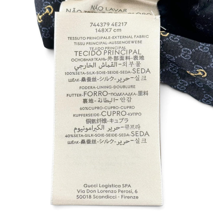 Excellent GUCCI tie Horsebit Interlocking G Jacquard black silk mens 744379