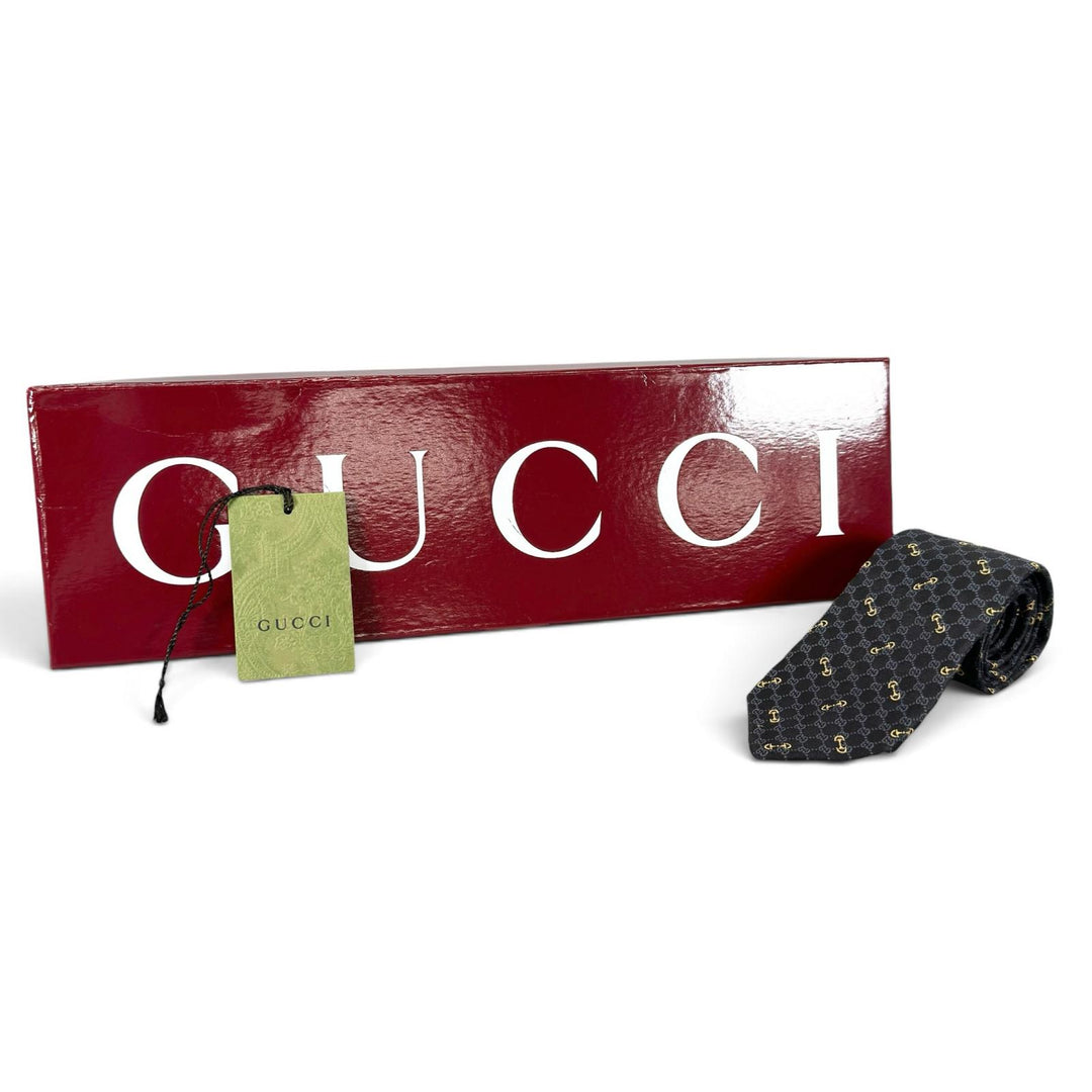 Excellent GUCCI tie Horsebit Interlocking G Jacquard black silk mens 744379