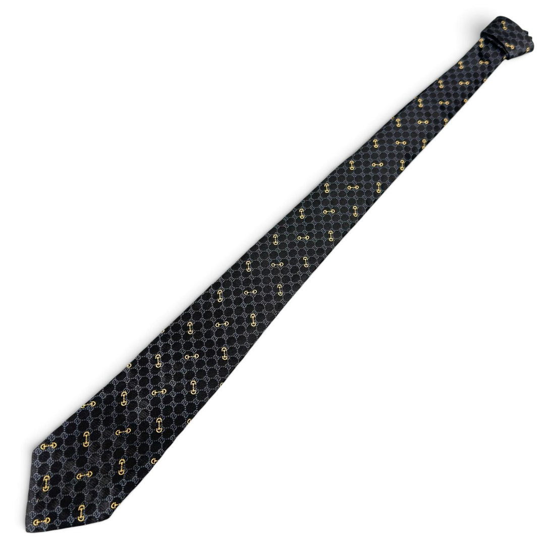 Excellent GUCCI tie Horsebit Interlocking G Jacquard black silk mens 744379