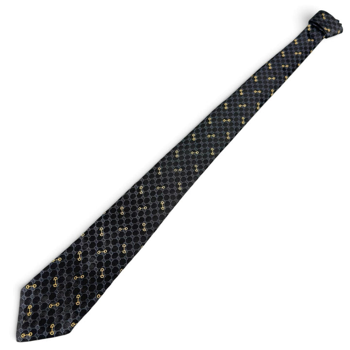 Excellent GUCCI tie Horsebit Interlocking G Jacquard black silk mens 744379